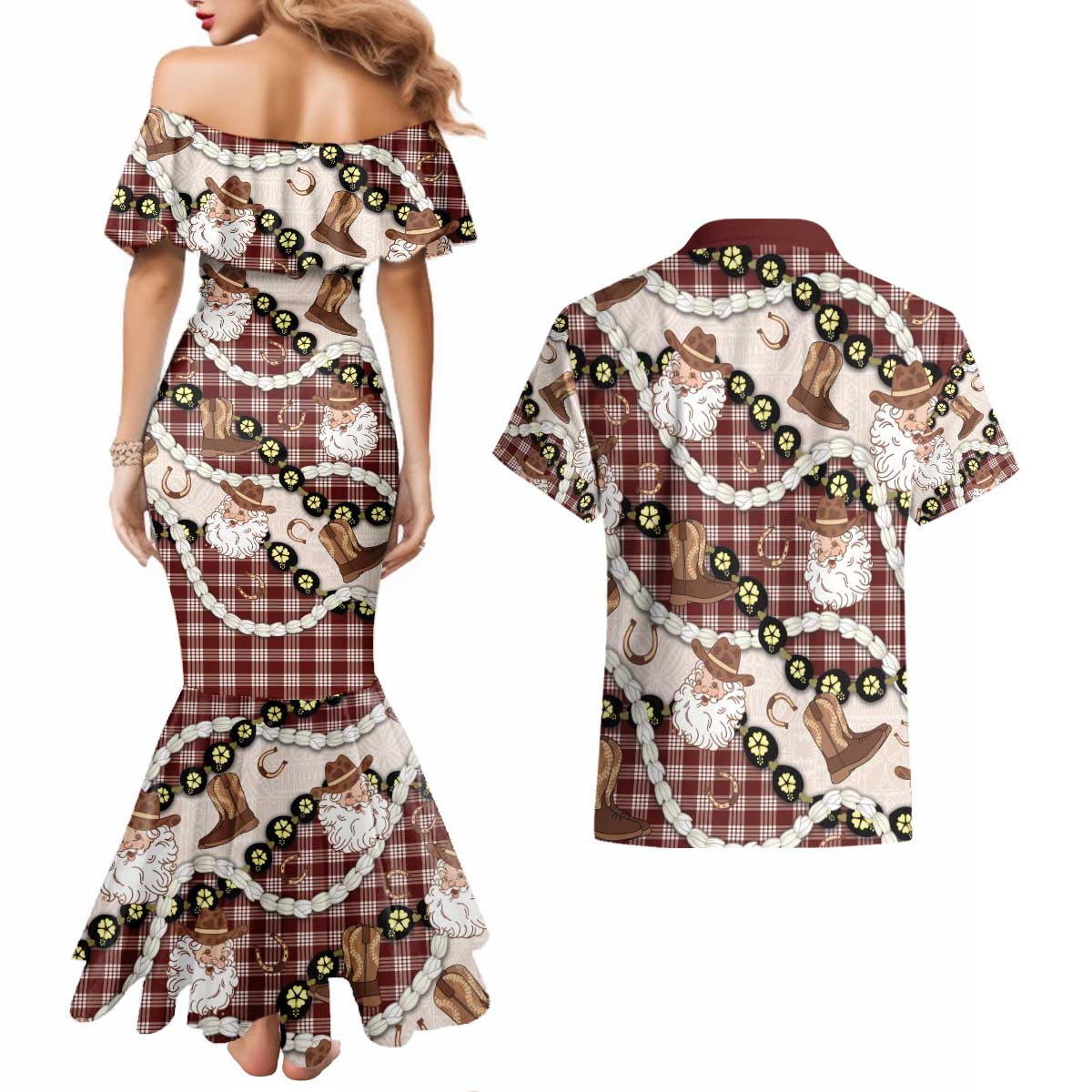 Cowboy Hawaii Mele Kalikimaka Couples Matching Mermaid Dress and Hawaiian Shirt Paniolo Kukui Nut Pikake Lei Burgundy Version - Polynesian Pride