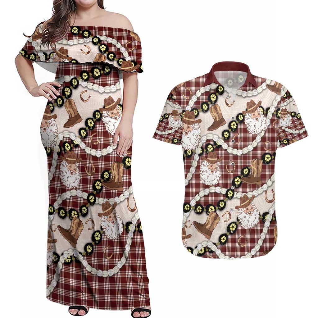 Cowboy Hawaii Mele Kalikimaka Couples Matching Off Shoulder Maxi Dress and Hawaiian Shirt Paniolo Kukui Nut Pikake Lei Burgundy Version - Polynesian Pride