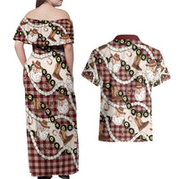 Cowboy Hawaii Mele Kalikimaka Couples Matching Off Shoulder Maxi Dress and Hawaiian Shirt Paniolo Kukui Nut Pikake Lei Burgundy Version - Polynesian Pride