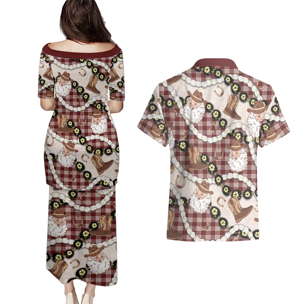 Cowboy Hawaii Mele Kalikimaka Couples Matching Puletasi and Hawaiian Shirt Paniolo Kukui Nut Pikake Lei Burgundy Version LT14 - Polynesian Pride
