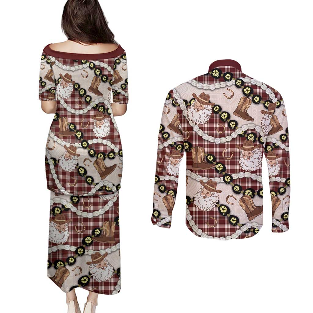 Cowboy Hawaii Mele Kalikimaka Couples Matching Puletasi and Long Sleeve Button Shirt Paniolo Kukui Nut Pikake Lei Burgundy Version - Polynesian Pride