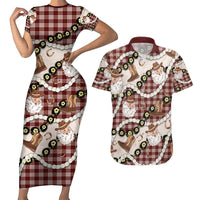 Cowboy Hawaii Mele Kalikimaka Couples Matching Short Sleeve Bodycon Dress and Hawaiian Shirt Paniolo Kukui Nut Pikake Lei Burgundy Version - Polynesian Pride
