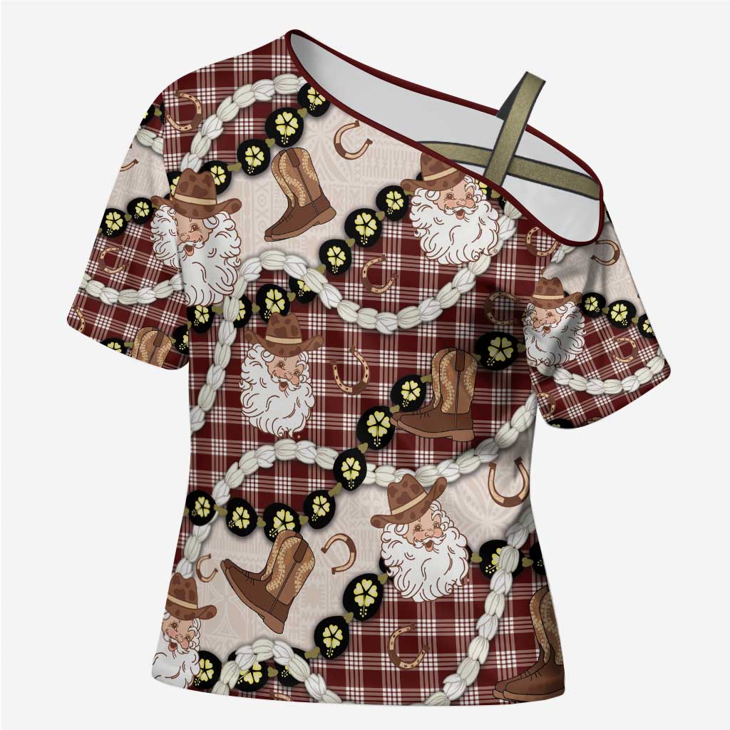 Cowboy Hawaii Mele Kalikimaka Cross Shoulder Shirt Paniolo Kukui Nut Pikake Lei Burgundy Version - Polynesian Pride