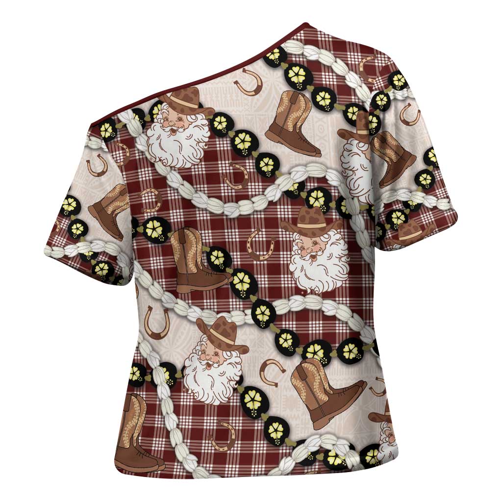 Cowboy Hawaii Mele Kalikimaka Cross Shoulder Shirt Paniolo Kukui Nut Pikake Lei Burgundy Version - Polynesian Pride