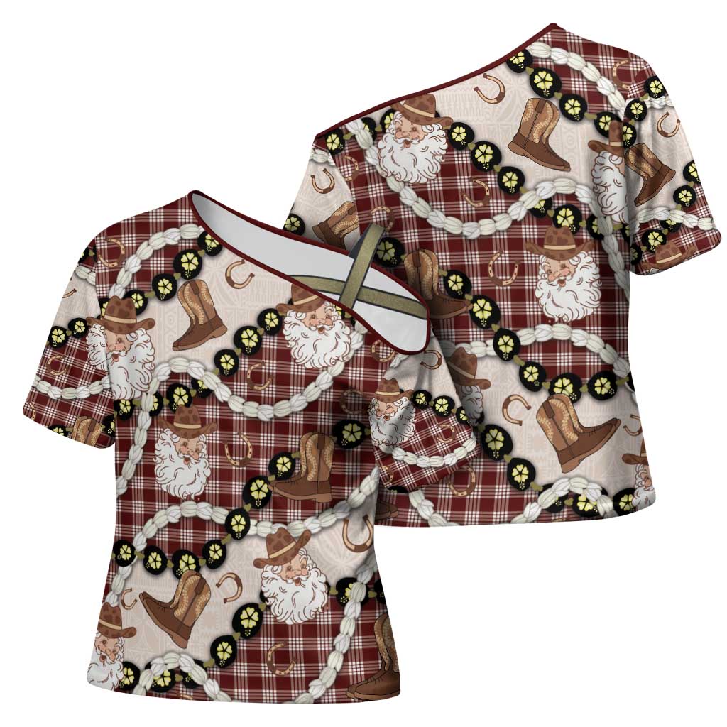 Cowboy Hawaii Mele Kalikimaka Cross Shoulder Shirt Paniolo Kukui Nut Pikake Lei Burgundy Version - Polynesian Pride