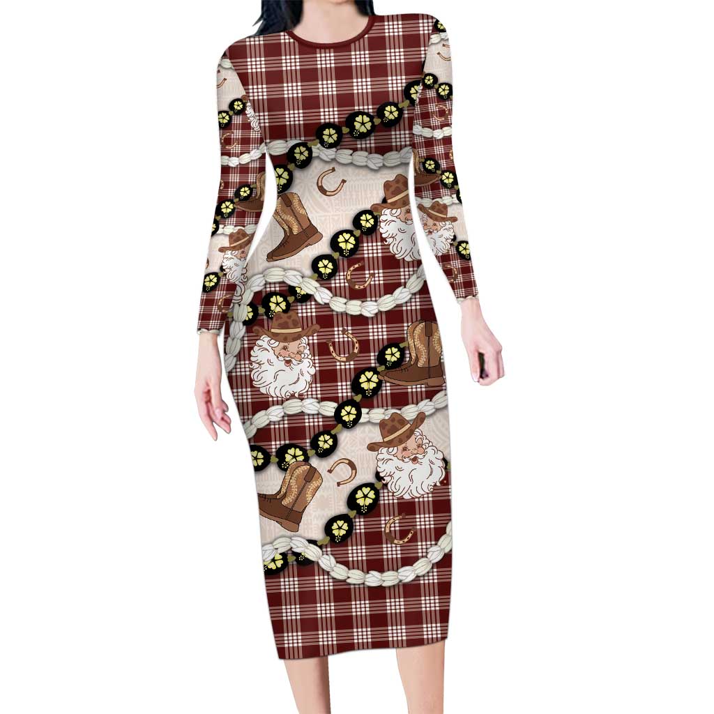 Cowboy Hawaii Mele Kalikimaka Family Matching Long Sleeve Bodycon Dress and Hawaiian Shirt Paniolo Kukui Nut Pikake Lei Burgundy Version - Polynesian Pride