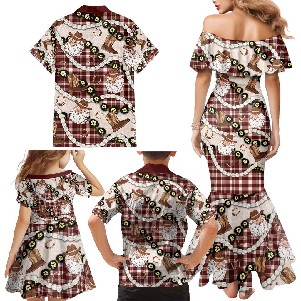 Cowboy Hawaii Mele Kalikimaka Family Matching Mermaid Dress and Hawaiian Shirt Paniolo Kukui Nut Pikake Lei Burgundy Version - Polynesian Pride