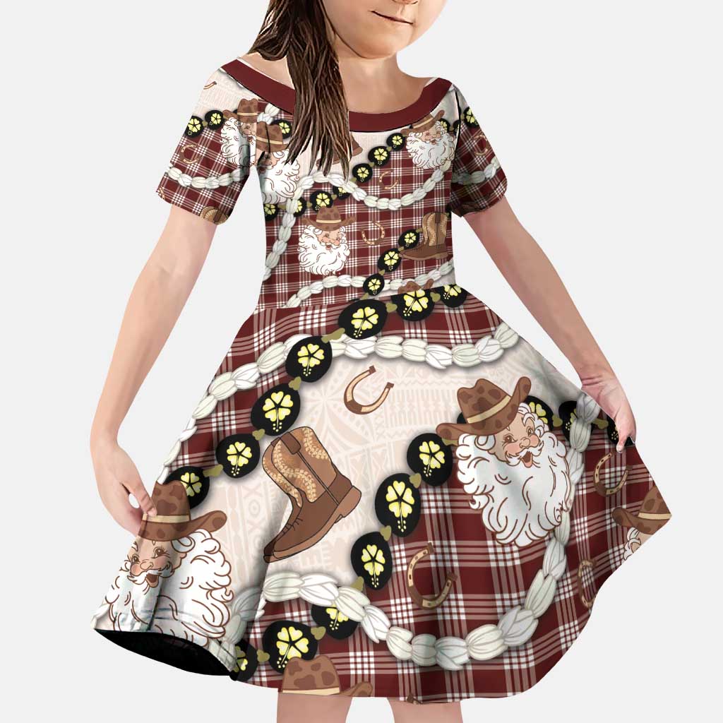Cowboy Hawaii Mele Kalikimaka Family Matching Puletasi and Hawaiian Shirt Paniolo Kukui Nut Pikake Lei Burgundy Version LT14 Daughter's Dress Burgundy - Polynesian Pride