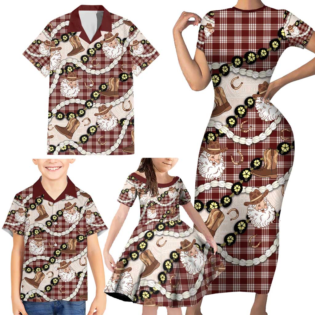 Cowboy Hawaii Mele Kalikimaka Family Matching Short Sleeve Bodycon Dress and Hawaiian Shirt Paniolo Kukui Nut Pikake Lei Burgundy Version - Polynesian Pride