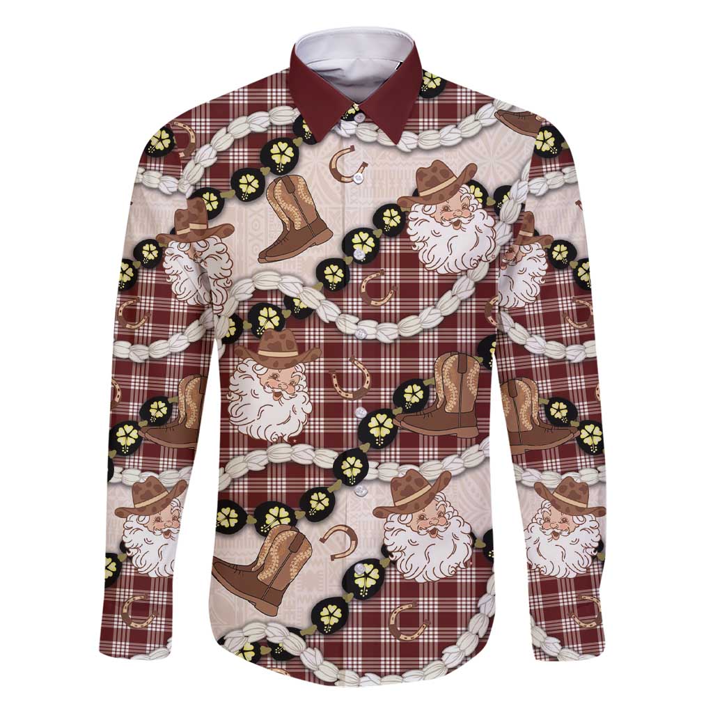 Cowboy Hawaii Mele Kalikimaka Family Matching Short Sleeve Bodycon Dress and Hawaiian Shirt Paniolo Kukui Nut Pikake Lei Burgundy Version - Polynesian Pride