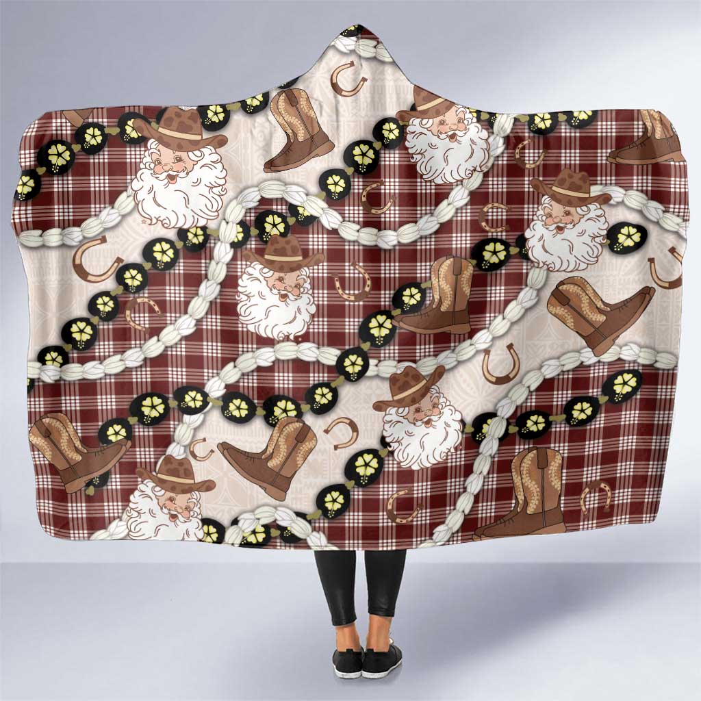 Cowboy Hawaii Mele Kalikimaka Hooded Blanket Paniolo Kukui Nut Pikake Lei Burgundy Version - Polynesian Pride