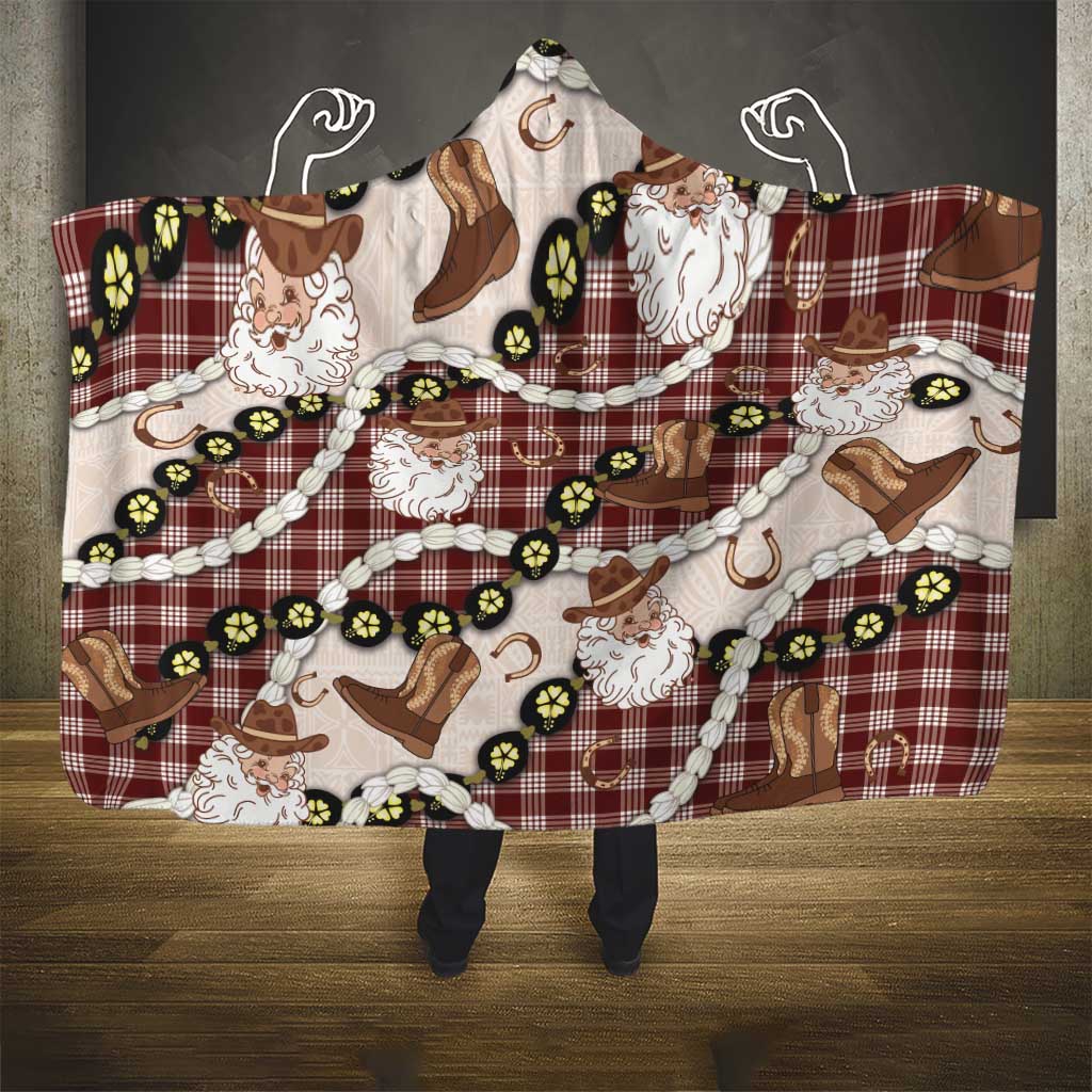 Cowboy Hawaii Mele Kalikimaka Hooded Blanket Paniolo Kukui Nut Pikake Lei Burgundy Version - Polynesian Pride