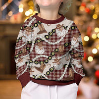 Cowboy Hawaii Mele Kalikimaka Kid Ugly Christmas Sweater Paniolo Kukui Nut Pikake Lei Burgundy Version - Polynesian Pride