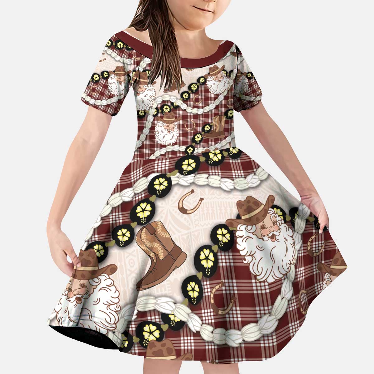 Cowboy Hawaii Mele Kalikimaka Kid Short Sleeve Dress Paniolo Kukui Nut Pikake Lei Burgundy Version - Polynesian Pride