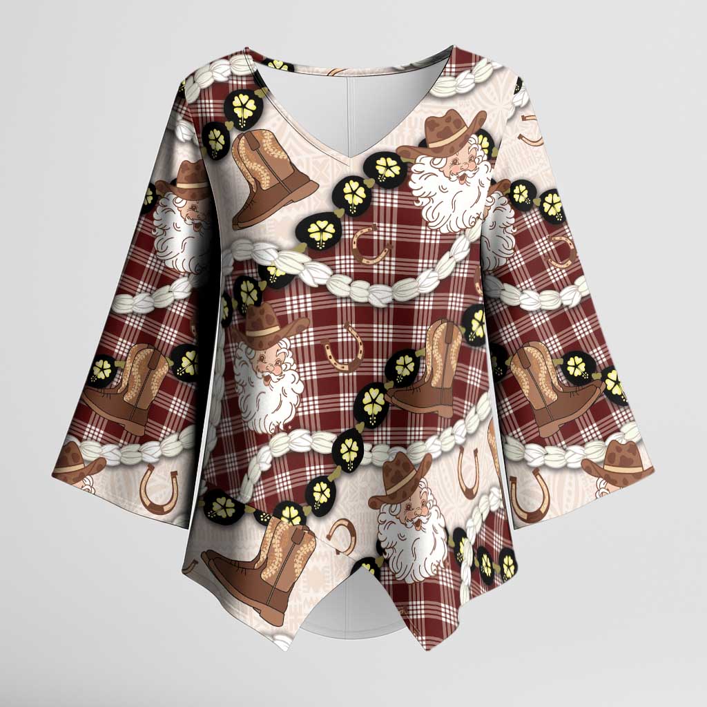 Cowboy Hawaii Mele Kalikimaka Kimono Sleeve Blouse Paniolo Kukui Nut Pikake Lei Burgundy Version - Polynesian Pride