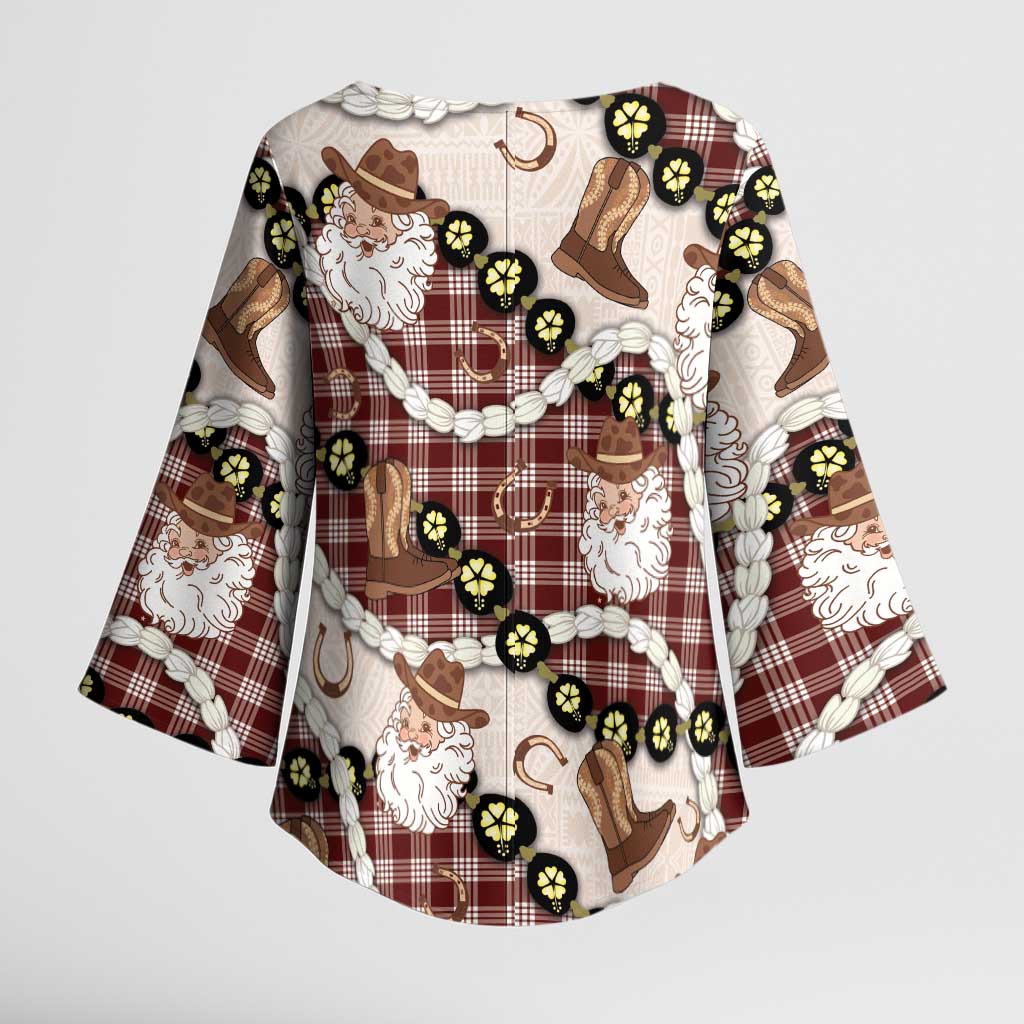 Cowboy Hawaii Mele Kalikimaka Kimono Sleeve Blouse Paniolo Kukui Nut Pikake Lei Burgundy Version - Polynesian Pride