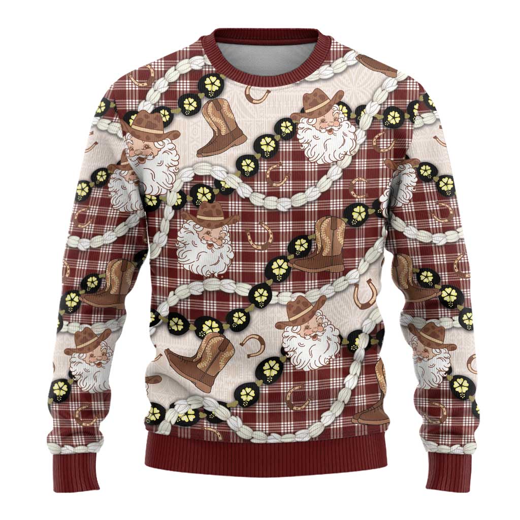 Cowboy Hawaii Mele Kalikimaka Ugly Christmas Sweater Paniolo Kukui Nut Pikake Lei Burgundy Version - Polynesian Pride
