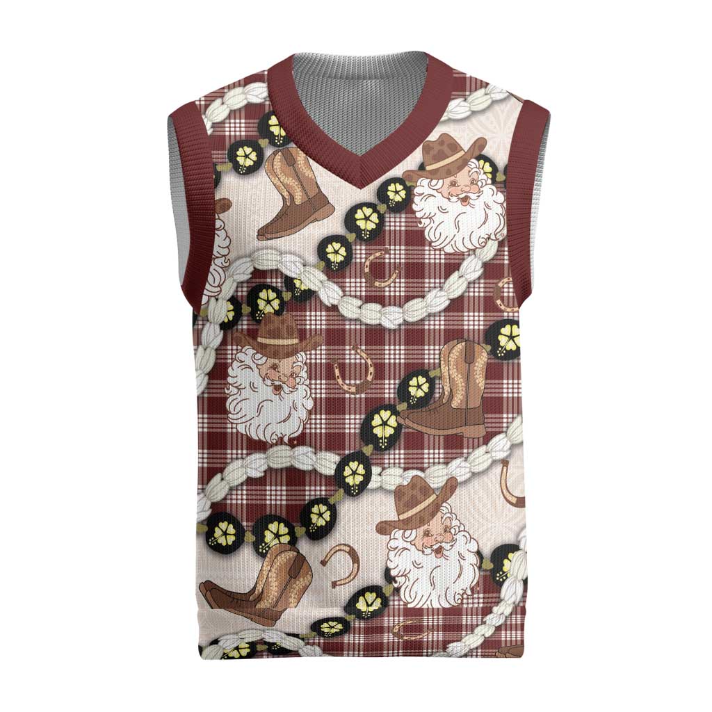 Cowboy Hawaii Mele Kalikimaka Christmas Knitted V-Neck Vest Paniolo Kukui Nut Pikake Lei Burgundy Version - Polynesian Pride