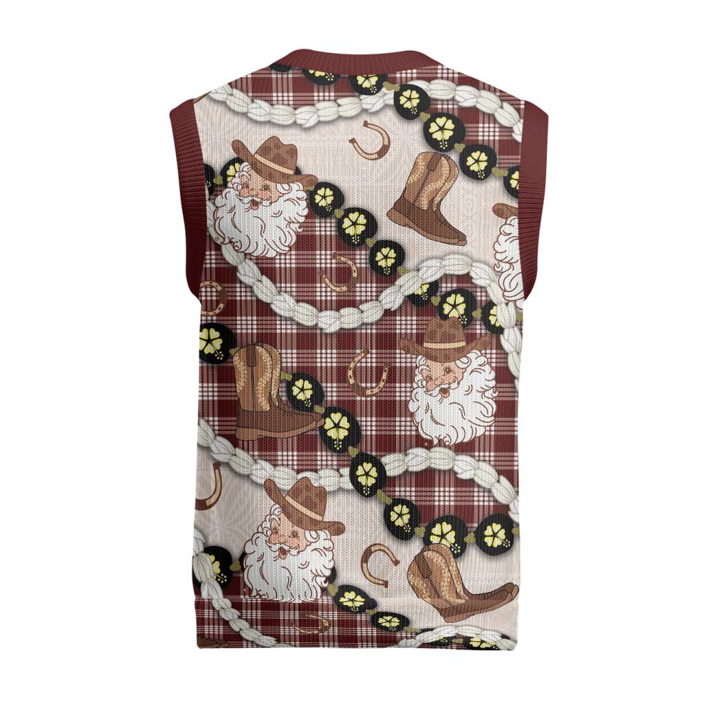 Cowboy Hawaii Mele Kalikimaka Christmas Knitted V-Neck Vest Paniolo Kukui Nut Pikake Lei Burgundy Version - Polynesian Pride