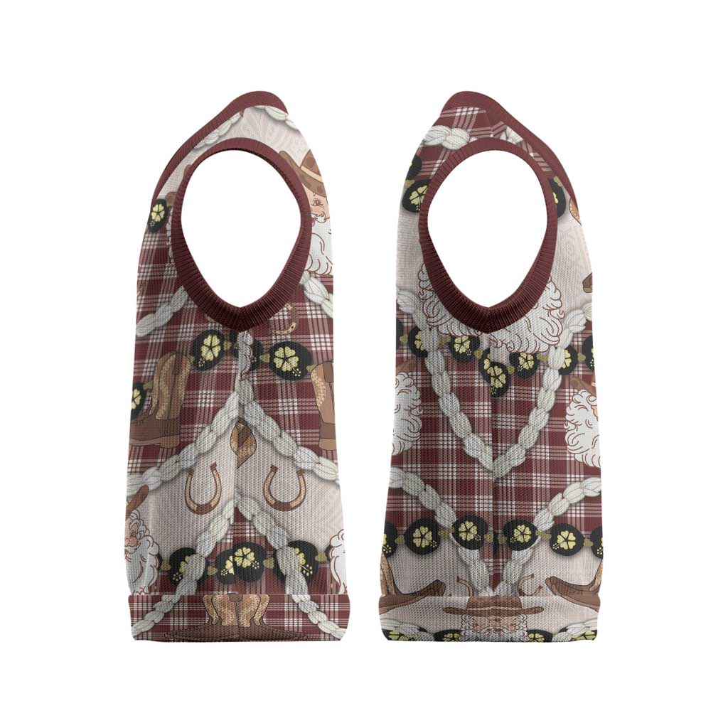 Cowboy Hawaii Mele Kalikimaka Christmas Knitted V-Neck Vest Paniolo Kukui Nut Pikake Lei Burgundy Version - Polynesian Pride