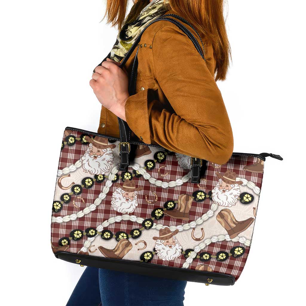 Cowboy Hawaii Mele Kalikimaka Leather Tote Bag Paniolo Kukui Nut Pikake Lei Burgundy Version - Polynesian Pride