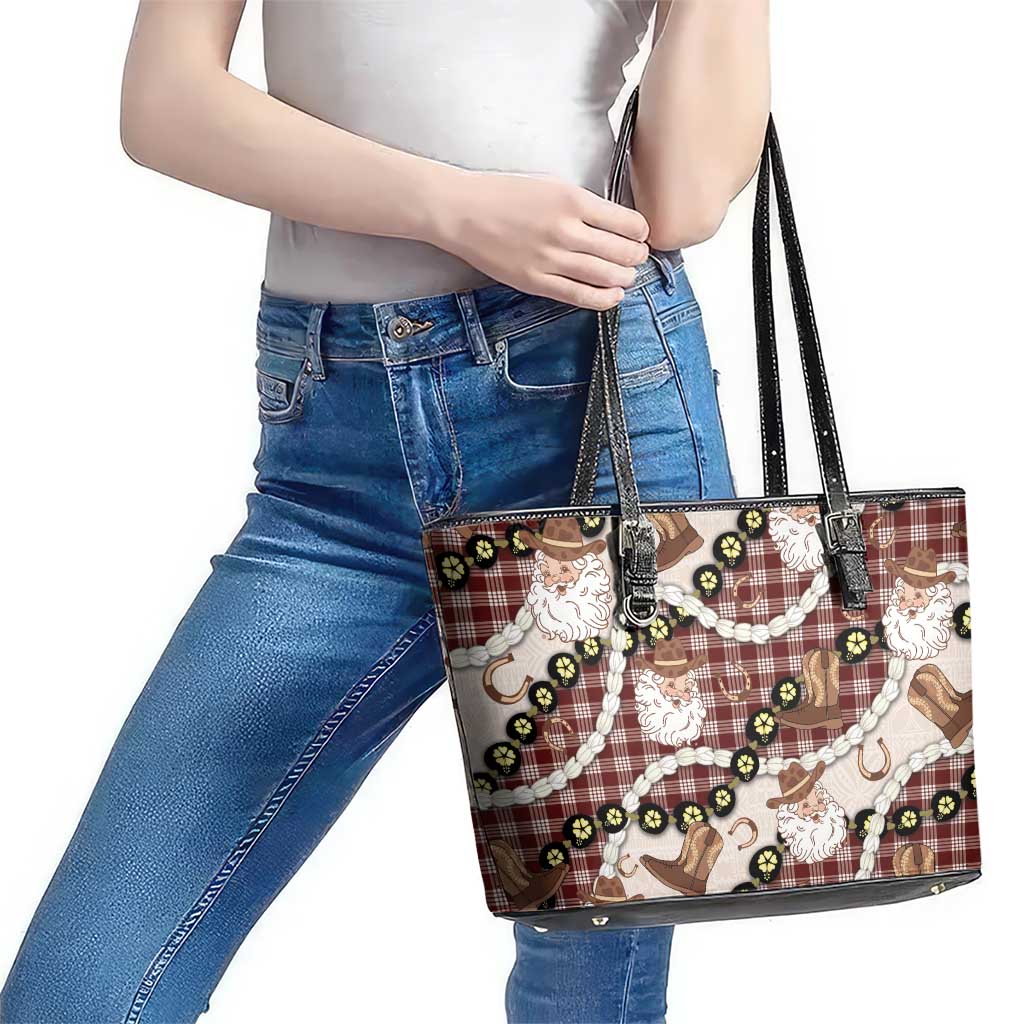 Cowboy Hawaii Mele Kalikimaka Leather Tote Bag Paniolo Kukui Nut Pikake Lei Burgundy Version - Polynesian Pride
