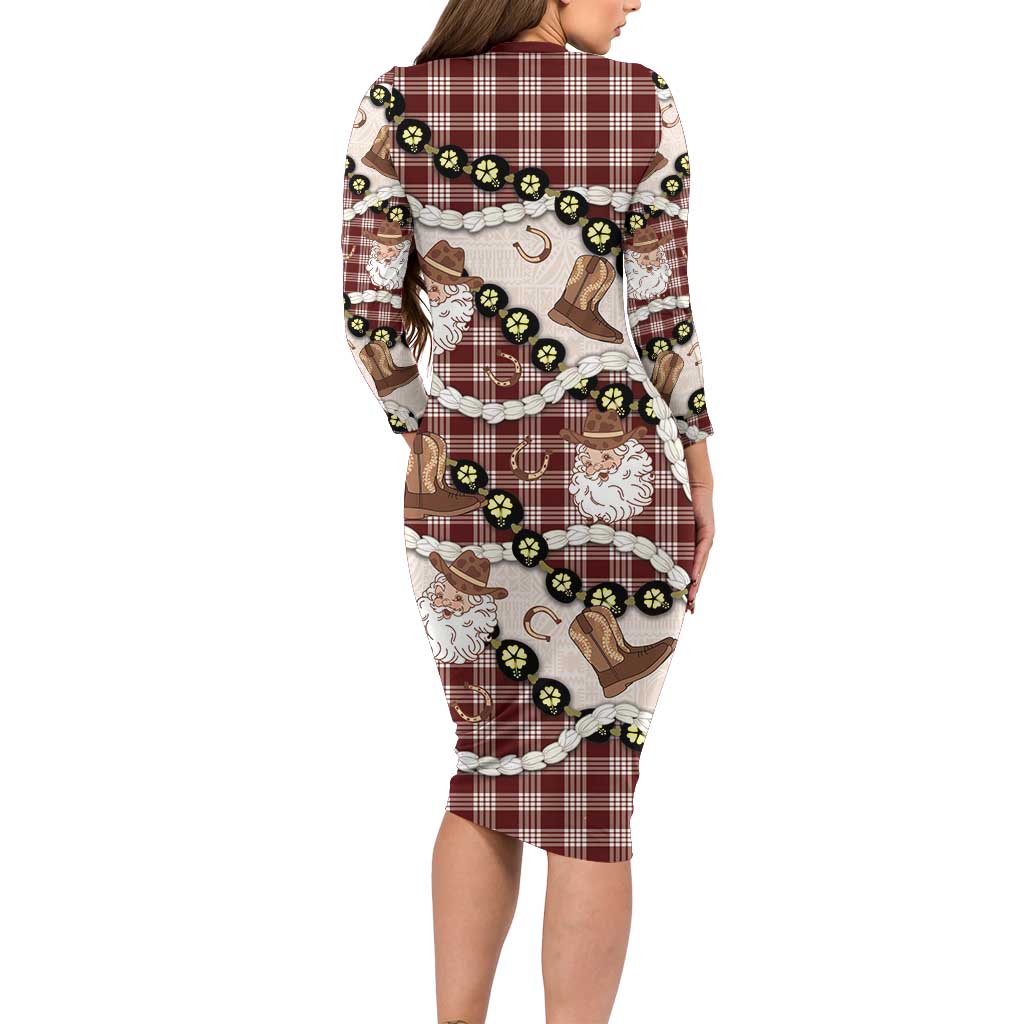 Cowboy Hawaii Mele Kalikimaka Long Sleeve Bodycon Dress Paniolo Kukui Nut Pikake Lei Burgundy Version - Polynesian Pride