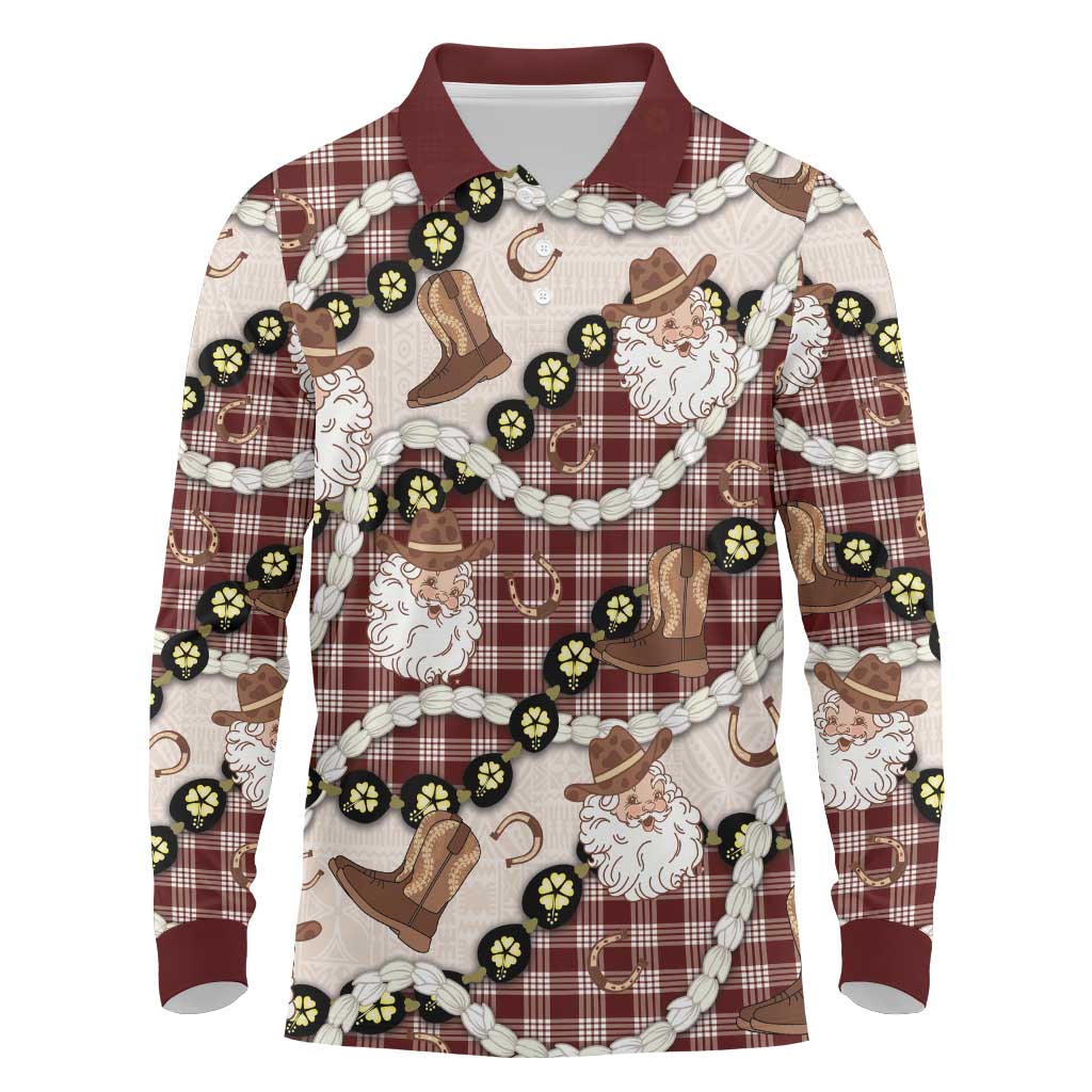 Cowboy Hawaii Mele Kalikimaka Long Sleeve Polo Shirt Paniolo Kukui Nut Pikake Lei Burgundy Version - Polynesian Pride