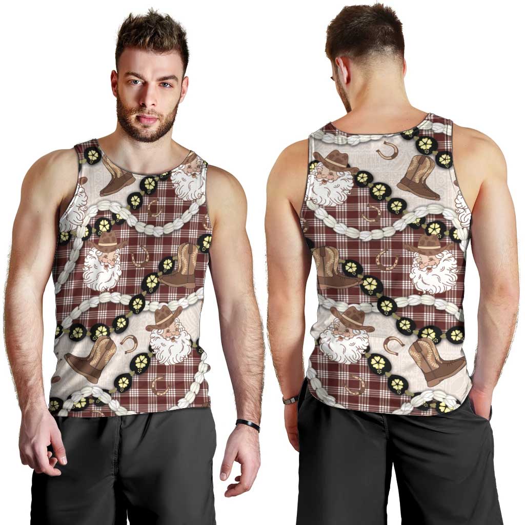 Cowboy Hawaii Mele Kalikimaka Men Tank Top Paniolo Kukui Nut Pikake Lei Burgundy Version - Polynesian Pride