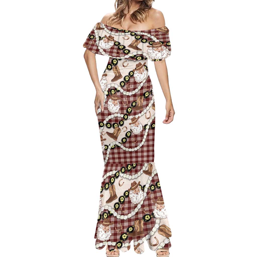 Cowboy Hawaii Mele Kalikimaka Mermaid Dress Paniolo Kukui Nut Pikake Lei Burgundy Version - Polynesian Pride