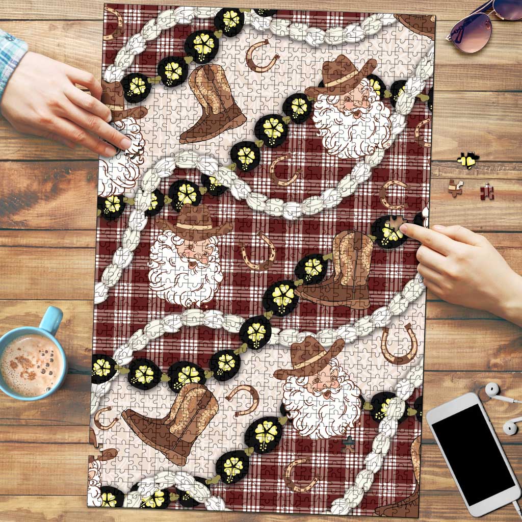 Cowboy Hawaii Mele Kalikimaka Puzzle Paniolo Kukui Nut Pikake Lei Burgundy Version - Polynesian Pride