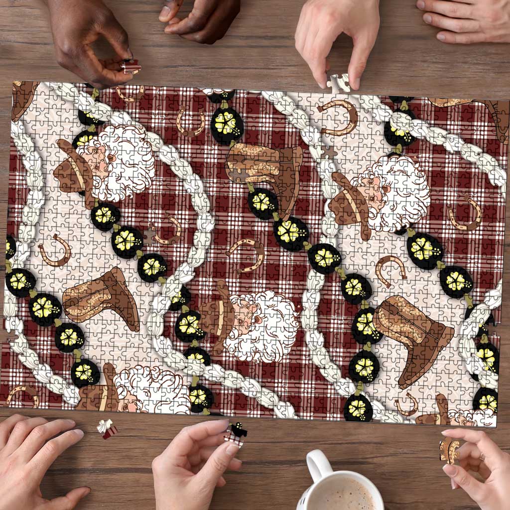 Cowboy Hawaii Mele Kalikimaka Puzzle Paniolo Kukui Nut Pikake Lei Burgundy Version - Polynesian Pride