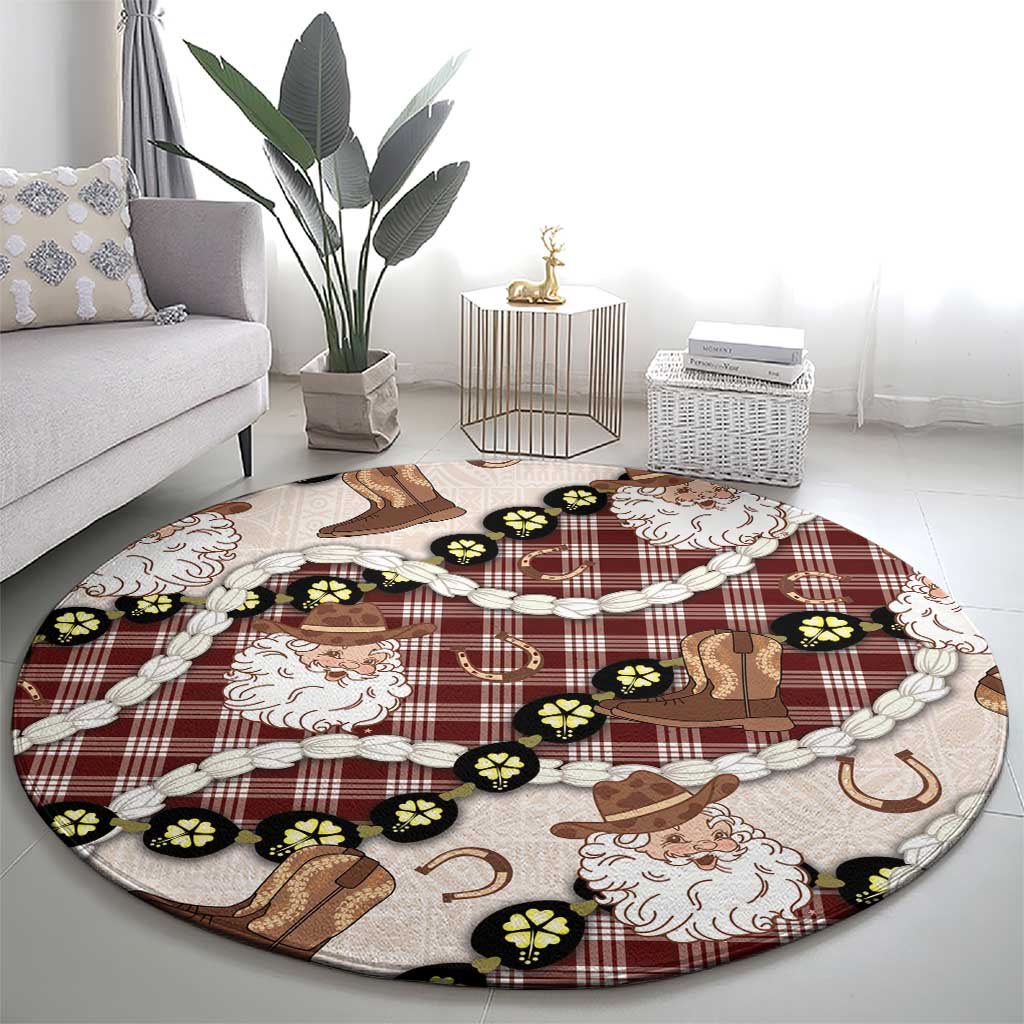 Cowboy Hawaii Mele Kalikimaka Round Carpet Paniolo Kukui Nut Pikake Lei Burgundy Version - Polynesian Pride