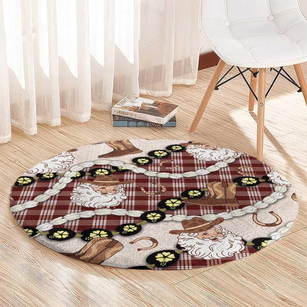 Cowboy Hawaii Mele Kalikimaka Round Carpet Paniolo Kukui Nut Pikake Lei Burgundy Version - Polynesian Pride