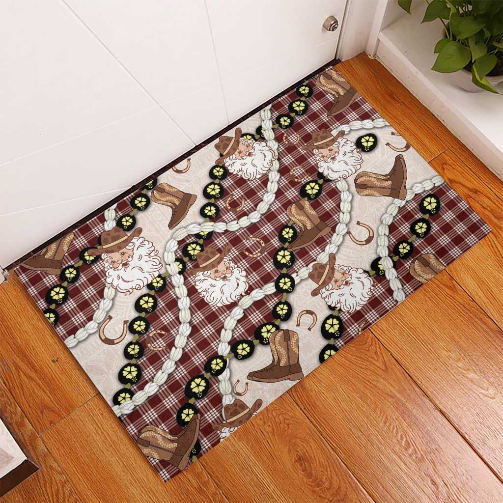 Cowboy Hawaii Mele Kalikimaka Rubber Doormat Paniolo Kukui Nut Pikake Lei Burgundy Version - Polynesian Pride