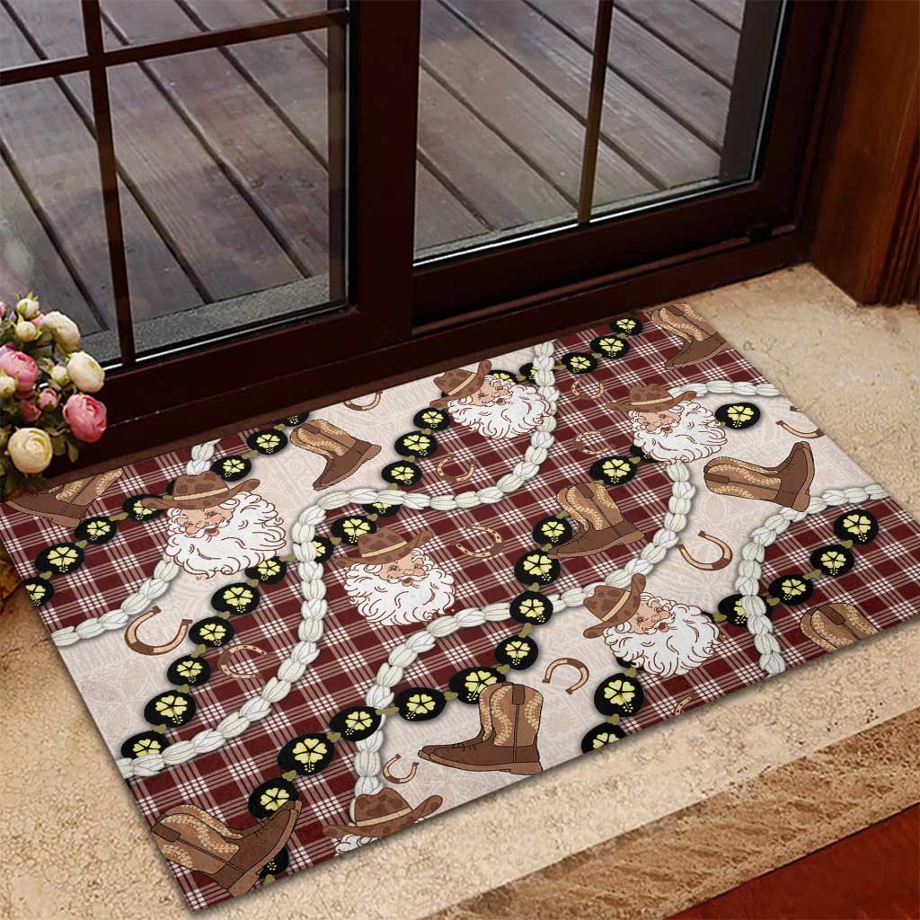 Cowboy Hawaii Mele Kalikimaka Rubber Doormat Paniolo Kukui Nut Pikake Lei Burgundy Version - Polynesian Pride