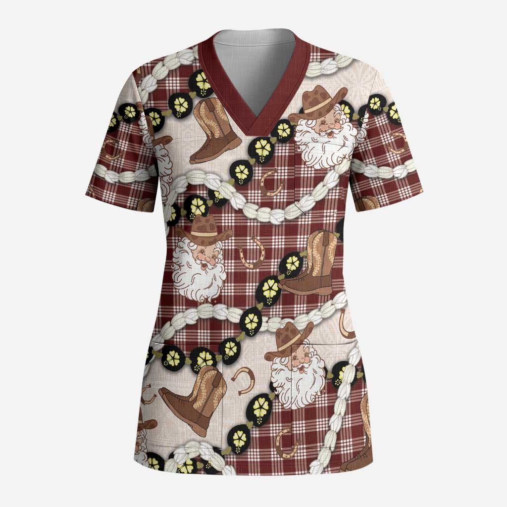 Cowboy Hawaii Mele Kalikimaka Scrub Top Paniolo Kukui Nut Pikake Lei Burgundy Version - Polynesian Pride