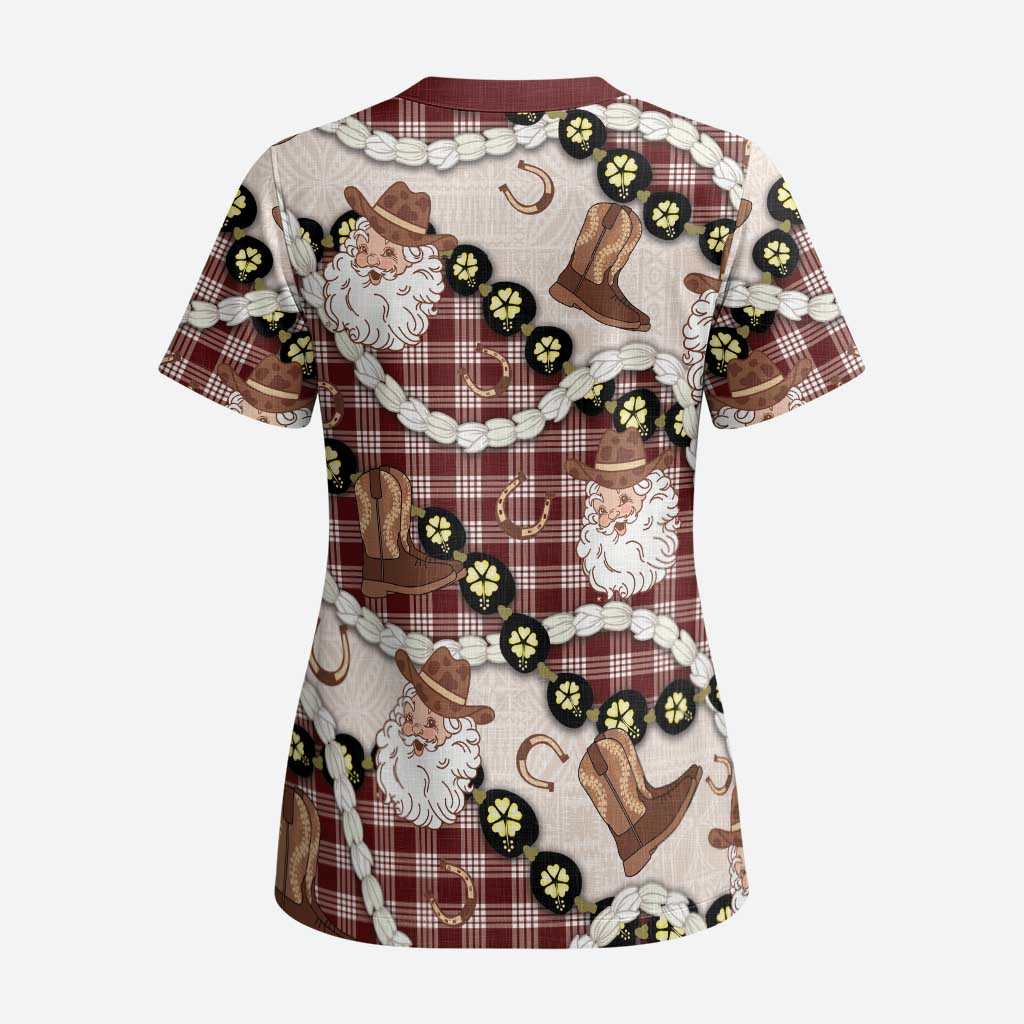 Cowboy Hawaii Mele Kalikimaka Scrub Top Paniolo Kukui Nut Pikake Lei Burgundy Version - Polynesian Pride