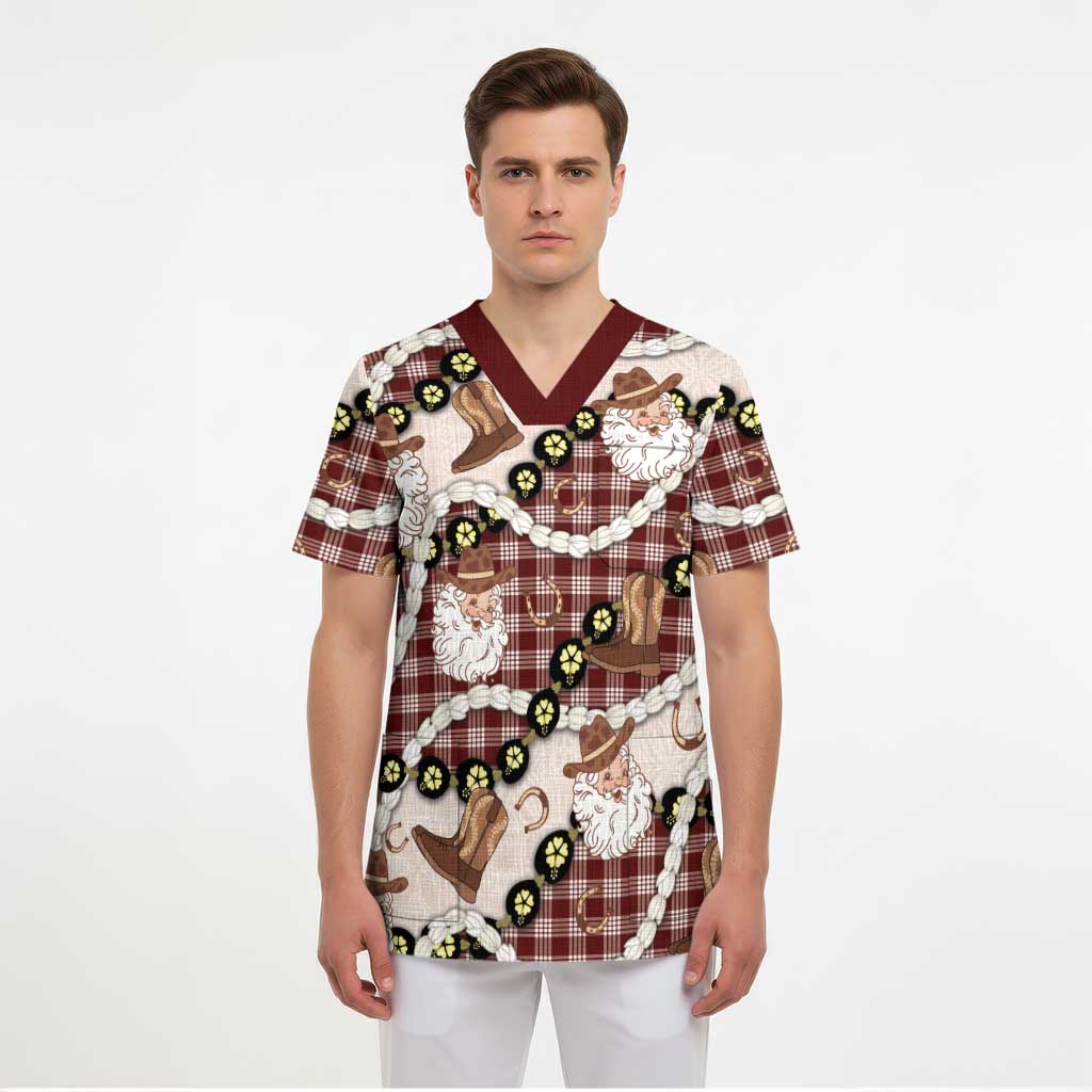 Cowboy Hawaii Mele Kalikimaka Scrub Top Paniolo Kukui Nut Pikake Lei Burgundy Version - Polynesian Pride