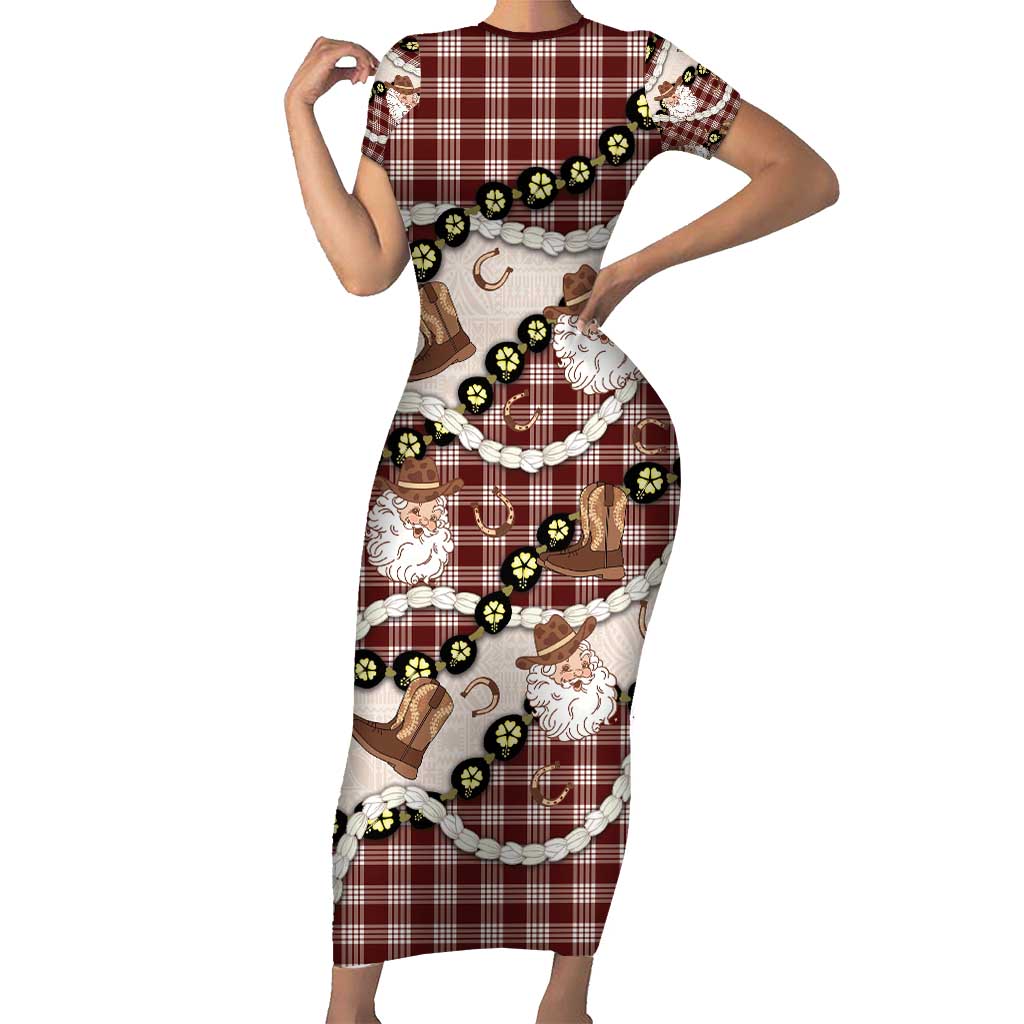 Cowboy Hawaii Mele Kalikimaka Short Sleeve Bodycon Dress Paniolo Kukui Nut Pikake Lei Burgundy Version - Polynesian Pride