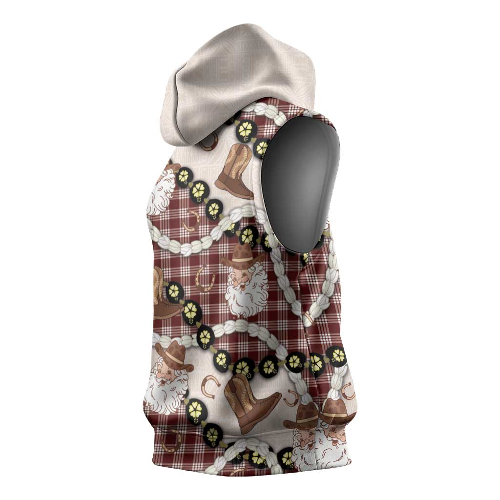 Cowboy Hawaii Mele Kalikimaka Sleeveless Hoodie Paniolo Kukui Nut Pikake Lei Burgundy Version - Polynesian Pride
