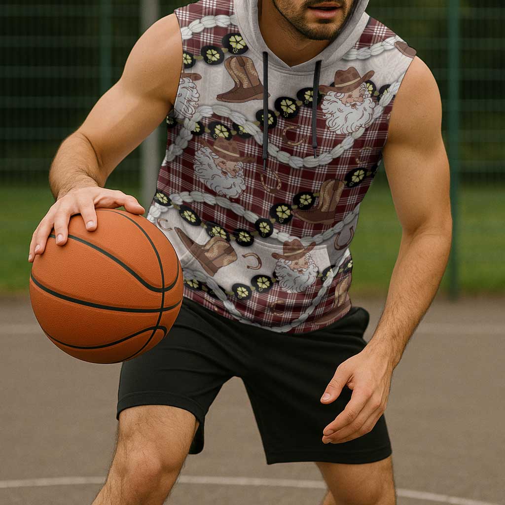 Cowboy Hawaii Mele Kalikimaka Sleeveless Hoodie Paniolo Kukui Nut Pikake Lei Burgundy Version - Polynesian Pride