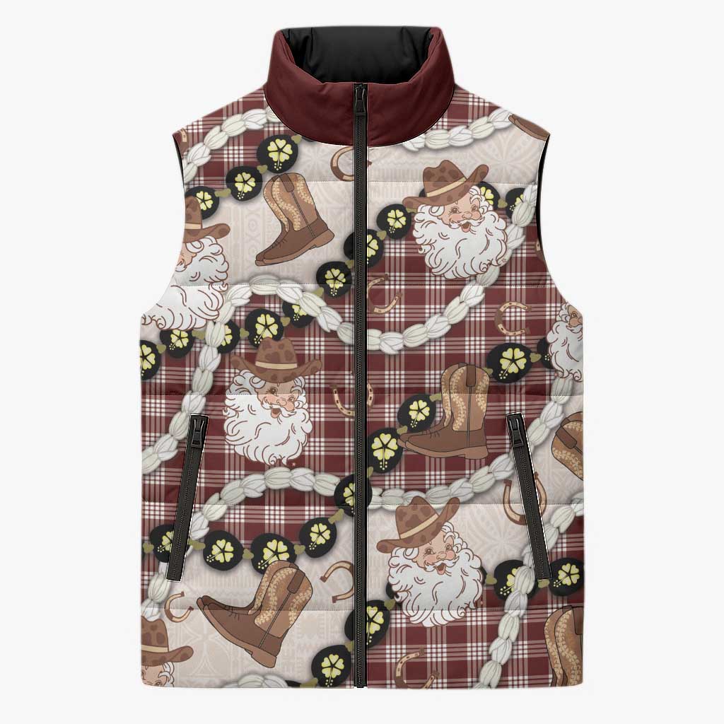 Cowboy Hawaii Mele Kalikimaka Sleeveless Puffer Jacket Paniolo Kukui Nut Pikake Lei Burgundy Version - Polynesian Pride