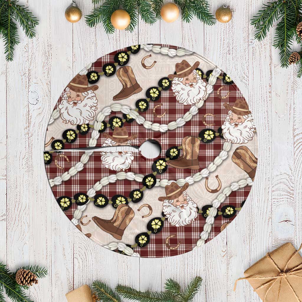 Cowboy Hawaii Mele Kalikimaka Tree Skirt Paniolo Kukui Nut Pikake Lei Burgundy Version - Polynesian Pride