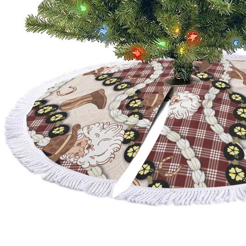 Cowboy Hawaii Mele Kalikimaka Tree Skirt Paniolo Kukui Nut Pikake Lei Burgundy Version - Polynesian Pride