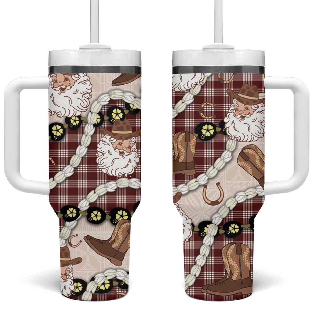 Cowboy Hawaii Mele Kalikimaka Tumbler With Handle Paniolo Kukui Nut Pikake Lei Burgundy Version - Polynesian Pride