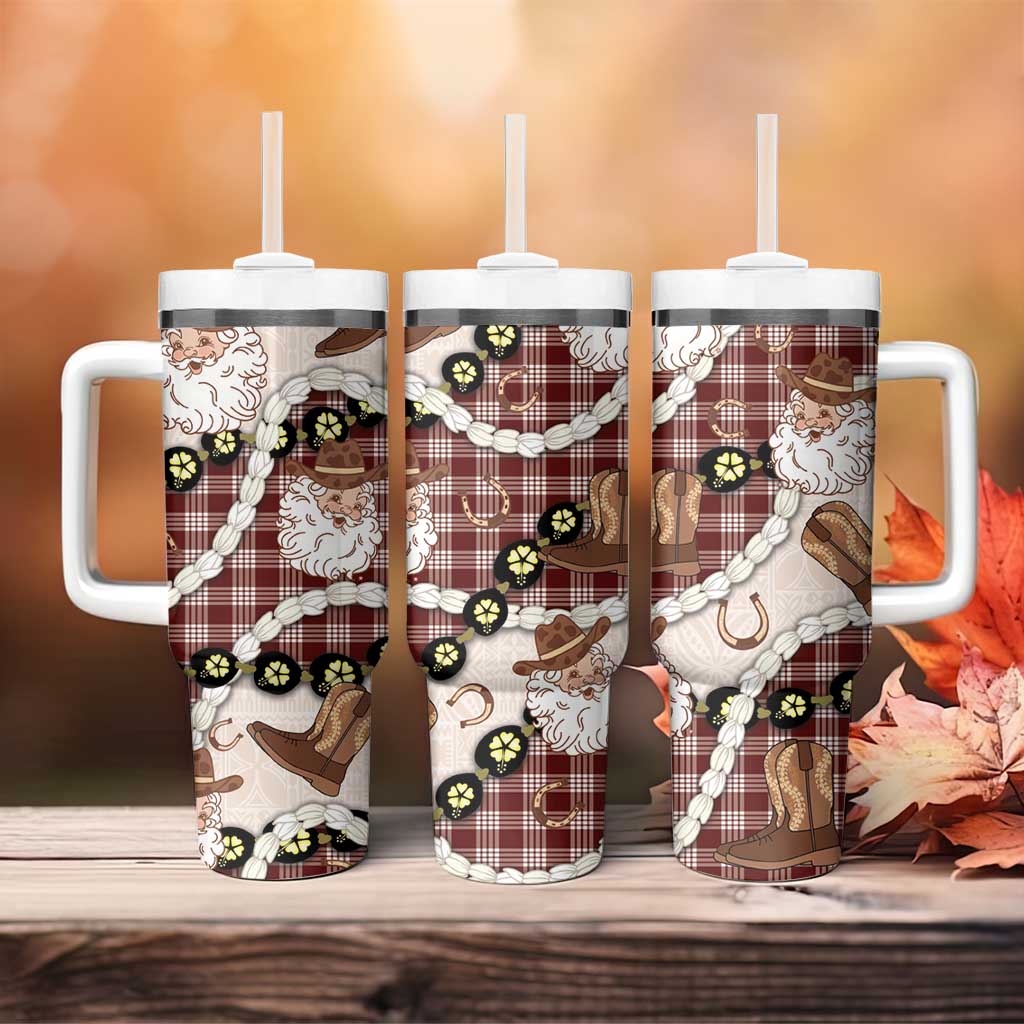 Cowboy Hawaii Mele Kalikimaka Tumbler With Handle Paniolo Kukui Nut Pikake Lei Burgundy Version - Polynesian Pride