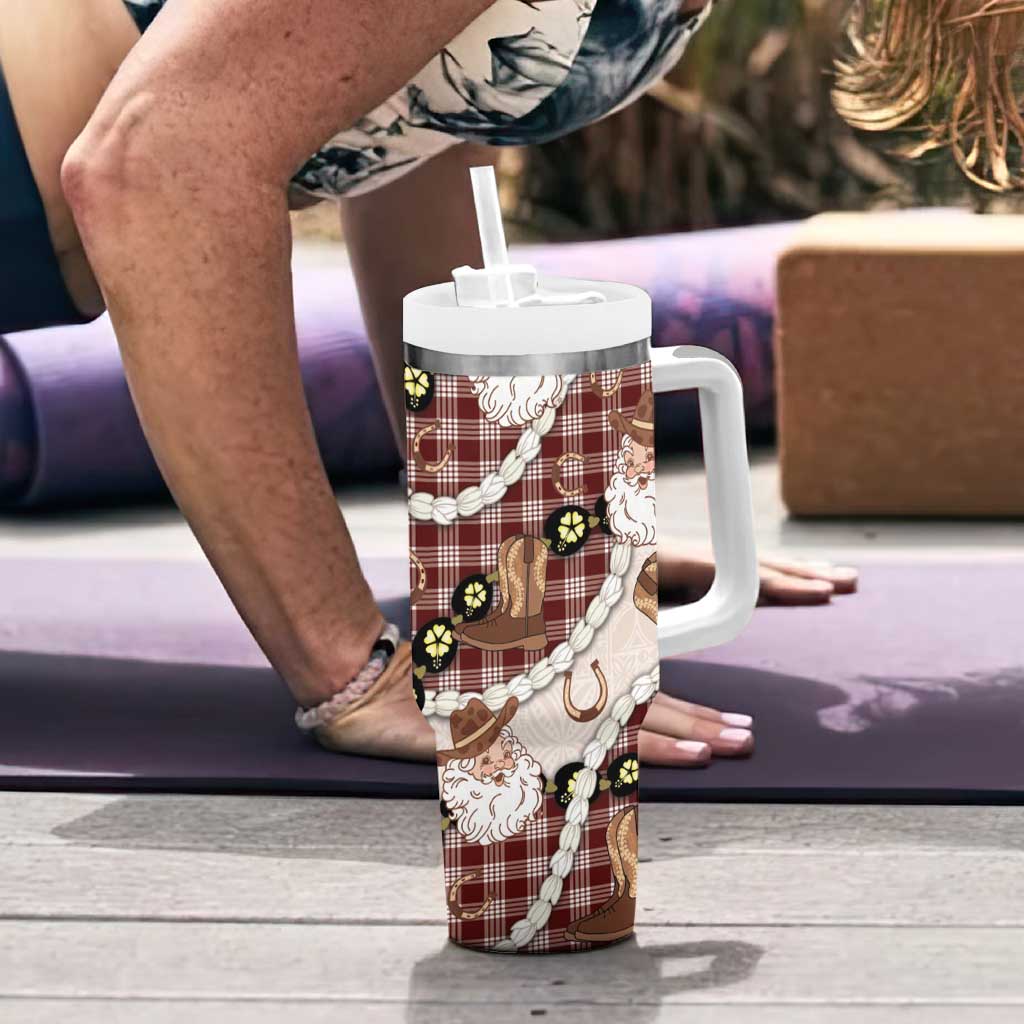 Cowboy Hawaii Mele Kalikimaka Tumbler With Handle Paniolo Kukui Nut Pikake Lei Burgundy Version - Polynesian Pride