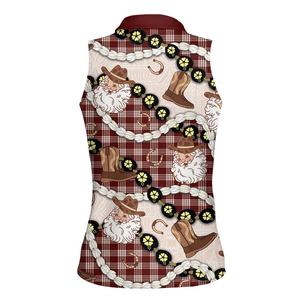 Cowboy Hawaii Mele Kalikimaka Women Sleeveless Polo Shirt Paniolo Kukui Nut Pikake Lei Burgundy Version - Polynesian Pride