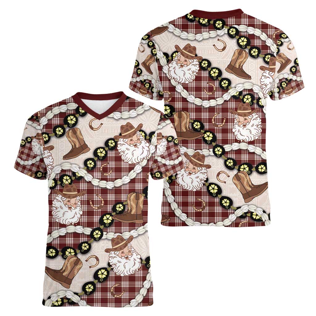 Cowboy Hawaii Mele Kalikimaka Women V-Neck T-Shirt Paniolo Kukui Nut Pikake Lei Burgundy Version - Polynesian Pride